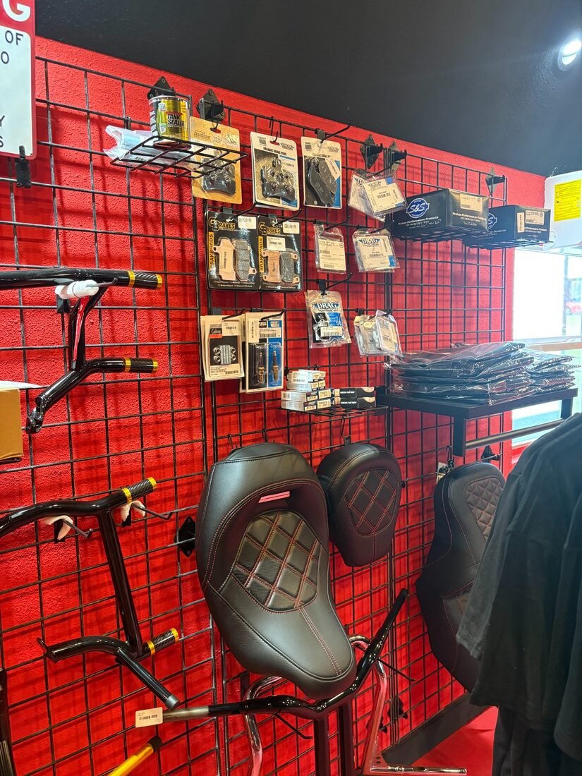 Motorcycle accessories displayed at Rodo's Cycle Center
