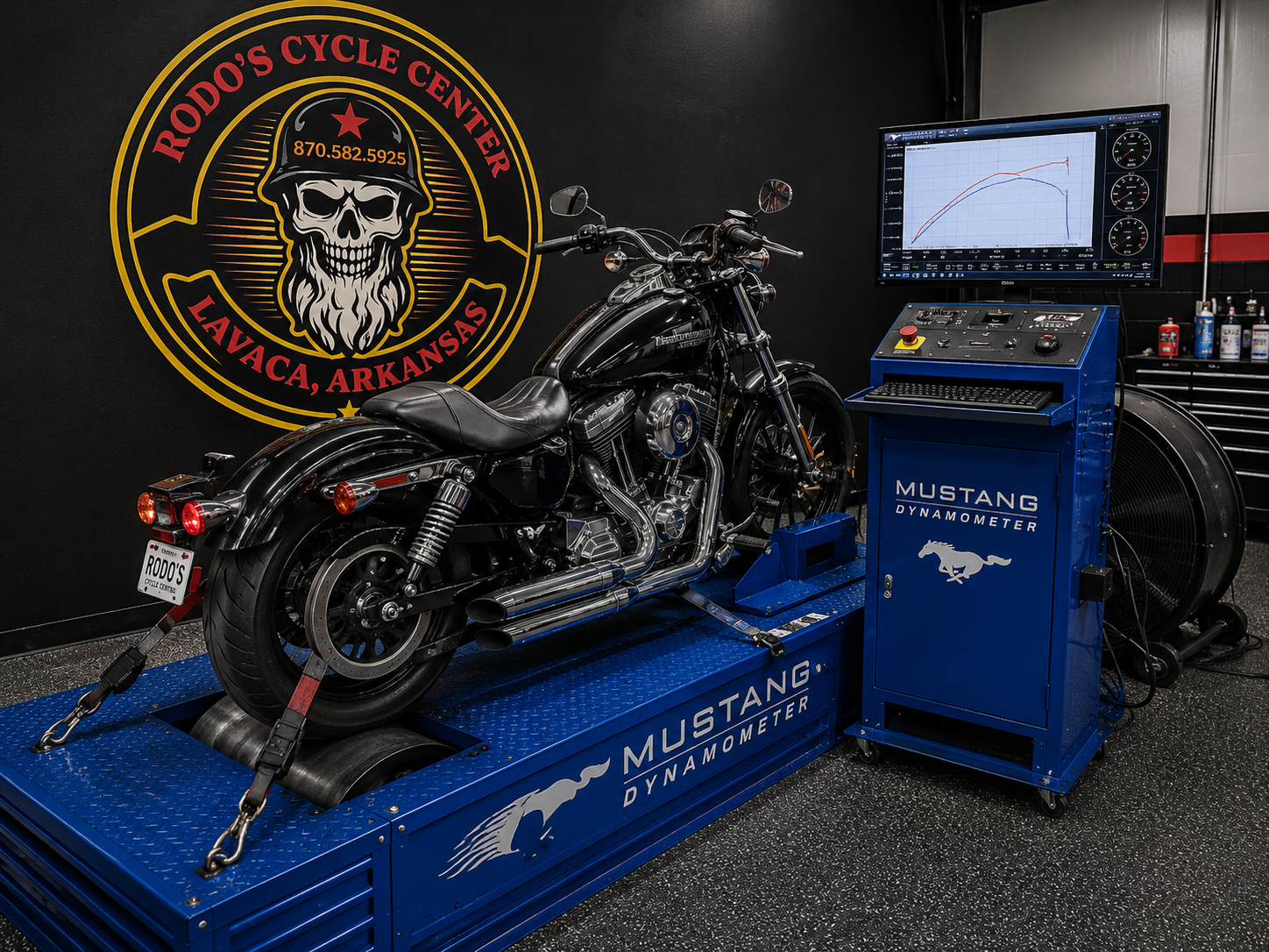 A motorcycle on the Mustang dynamometer at Rodo's Cycle Center