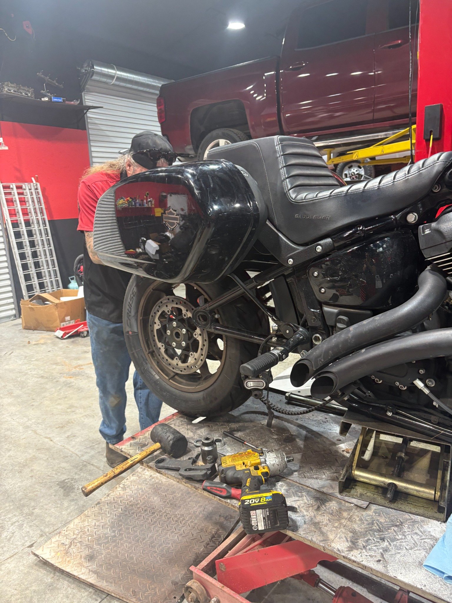 Professional motorcycle tire installation at Rodo's Cycle Center